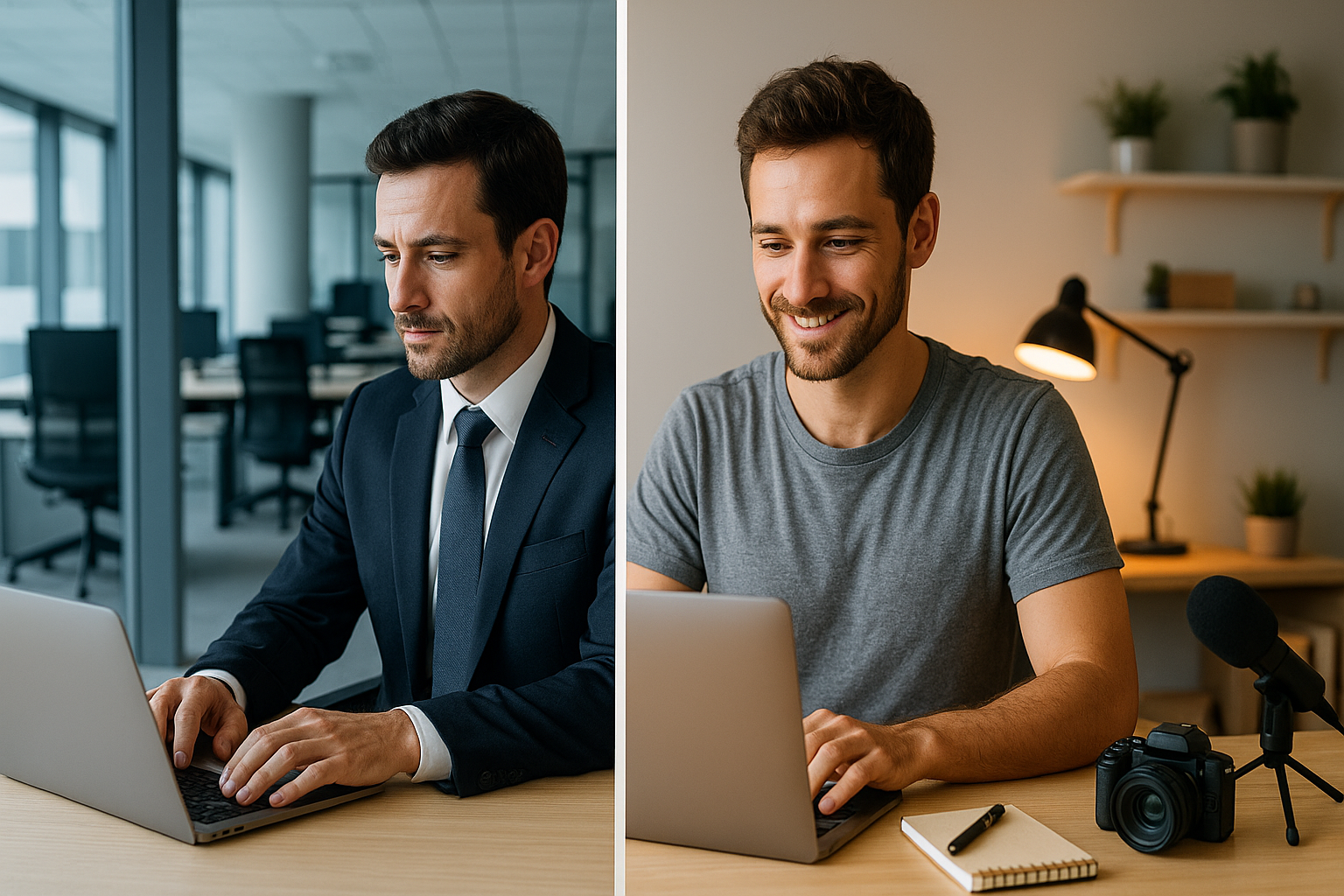 Fotografía dividida en dos mitades que muestra a la misma persona: a la izquierda vestido de traje en una oficina corporativa, y a la derecha en ropa casual trabajando en un entorno creativo como emprendedor digital.