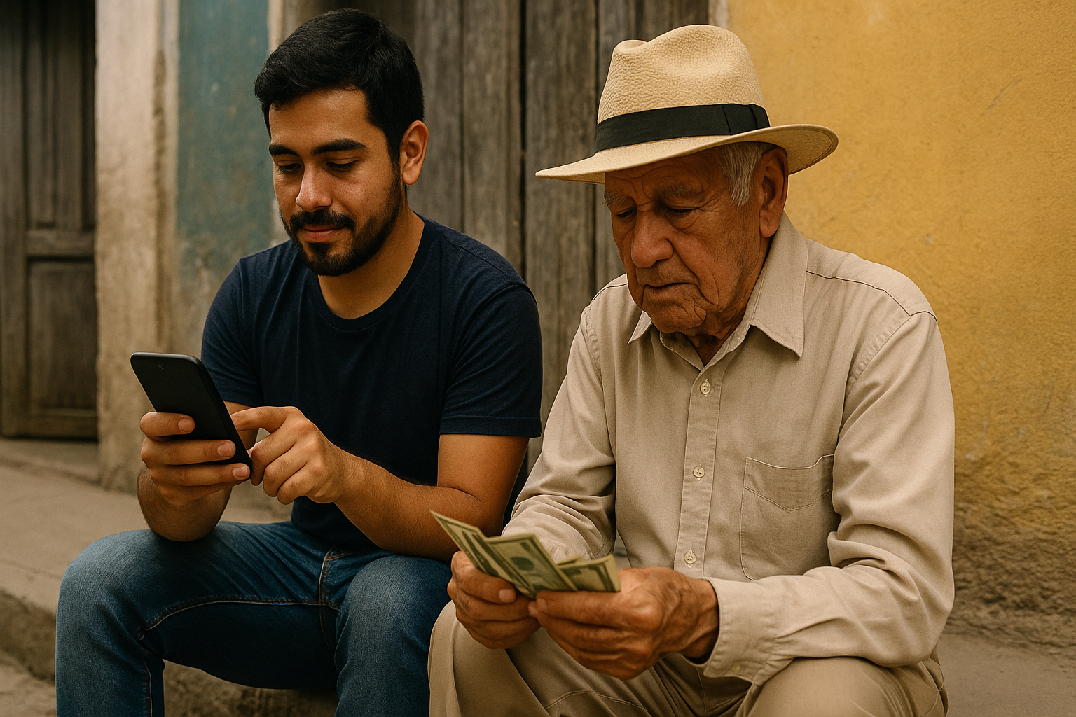 Un joven revisa una app de criptomonedas junto a un adulto mayor que cuenta dinero en efectivo
