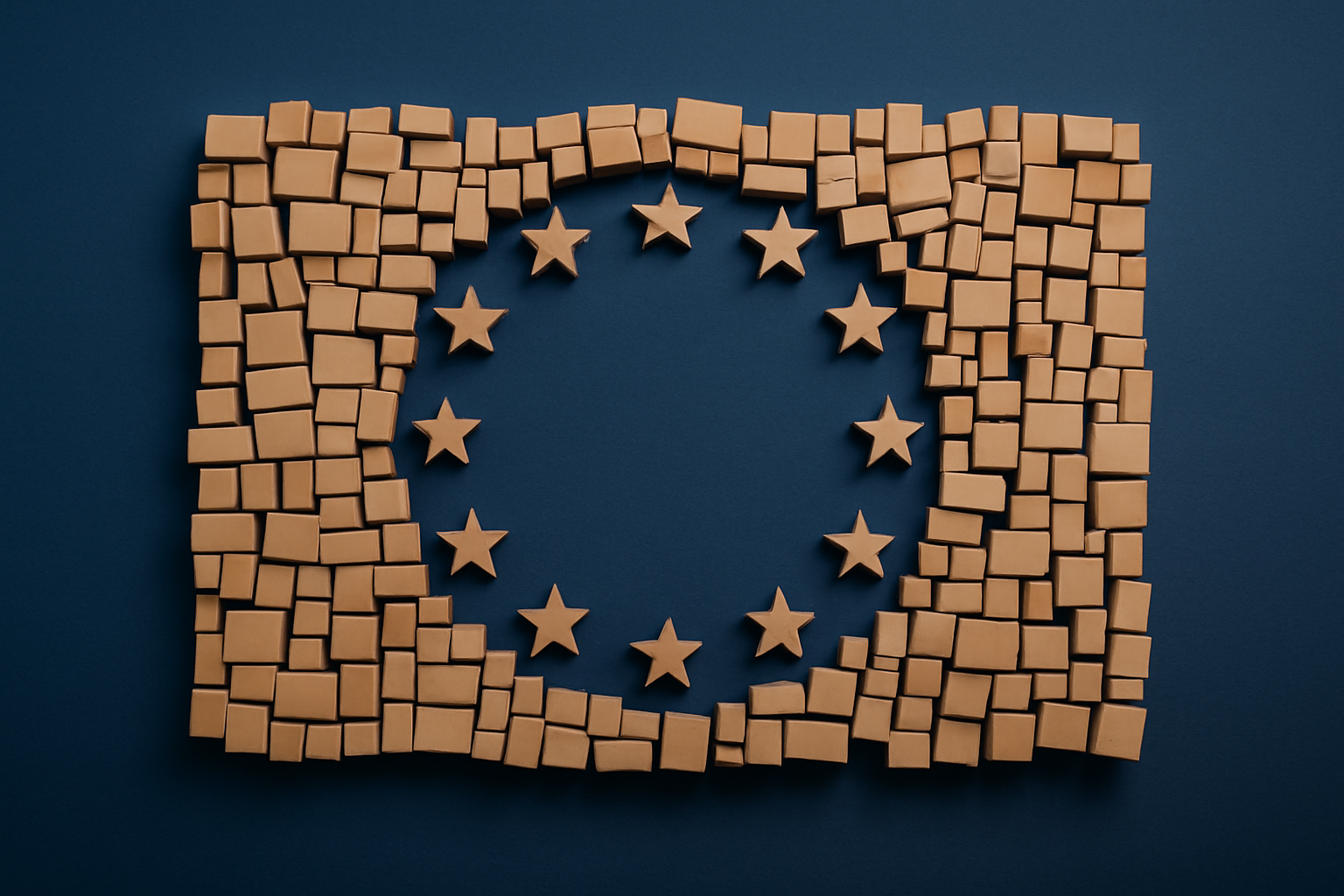 Bandera de la Unión Europea formada por miles de pequeños paquetes de comercio electrónico sobre fondo azul.