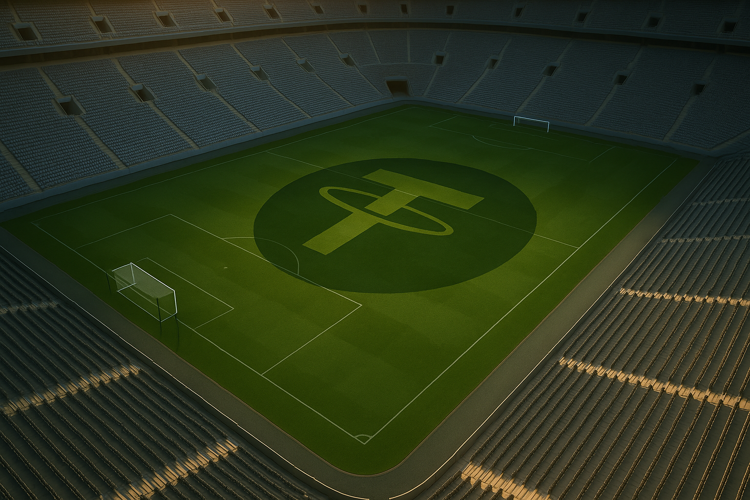 Vista aérea de un estadio de fútbol vacío con la sombra del símbolo de Tether proyectada sobre el césped