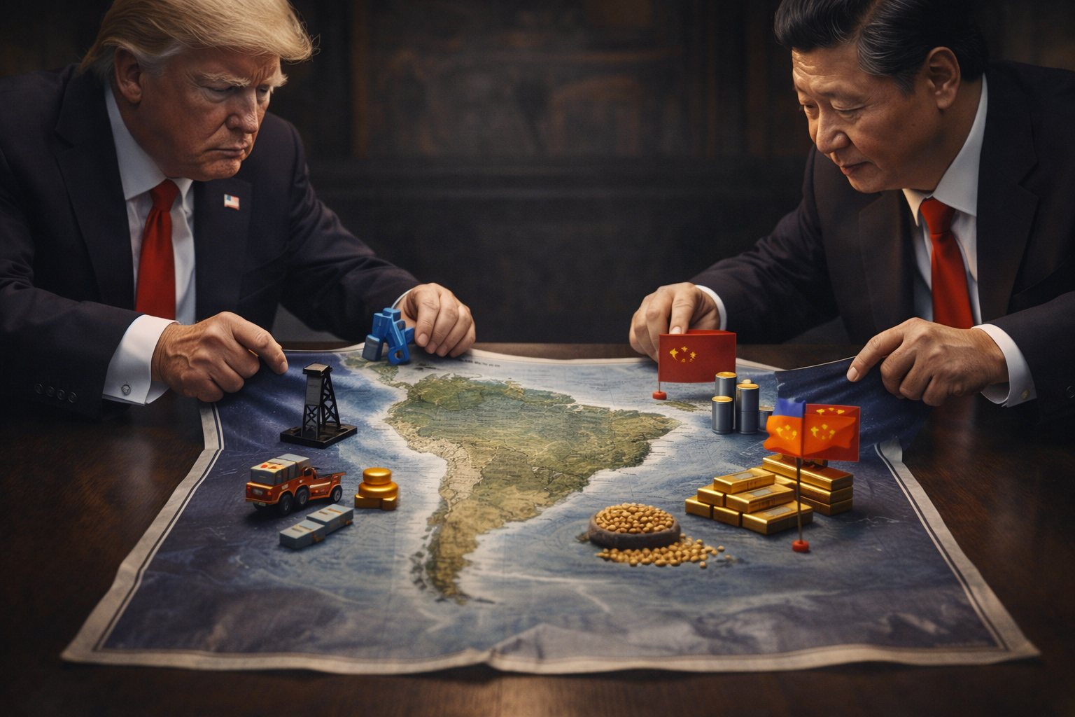 Donald Trump y Xi Jinping colocan piezas estratégicas sobre un mapa de Latinoamérica, simbolizando la disputa por recursos y poder entre Estados Unidos y China