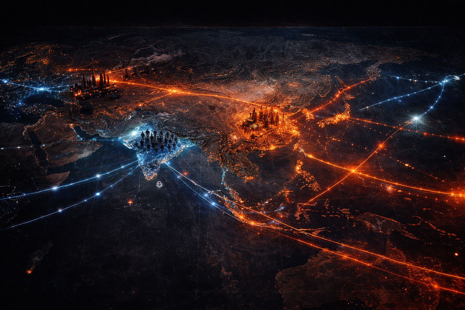 Mapa de Asia con rutas comerciales, centros industriales y flujos de poder que representan la compleja geopolítica del mundo bipolar