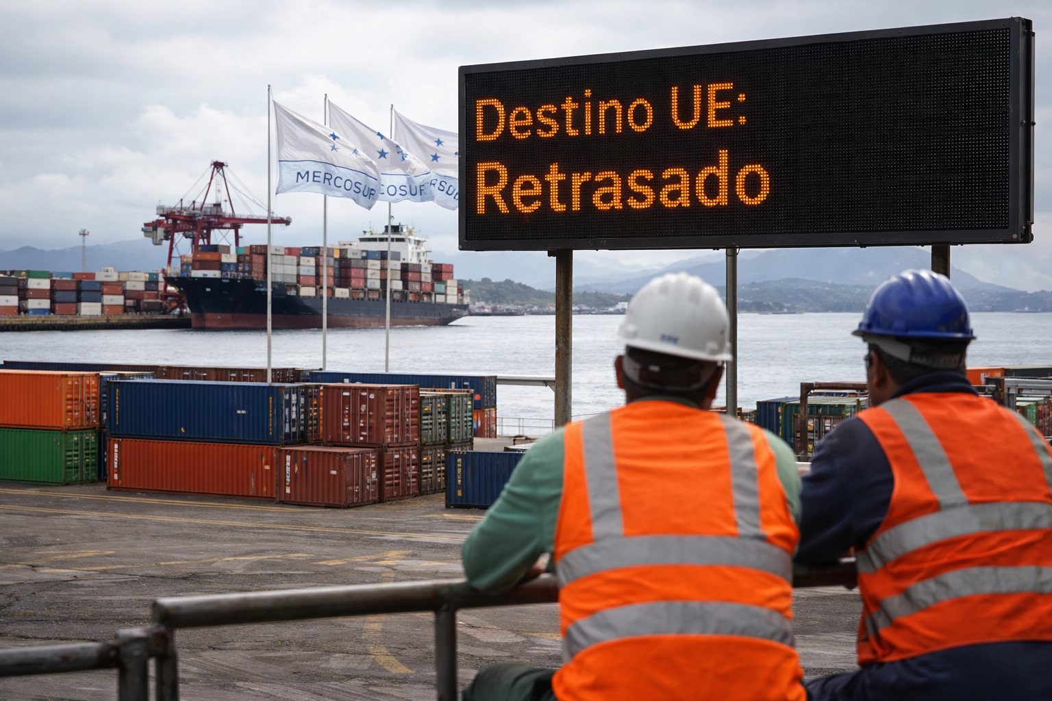 Trabajadores portuarios en un puerto sudamericano observan un panel LED con el mensaje “Destino UE: Retrasado”, con banderas de Mercosur al fondo
