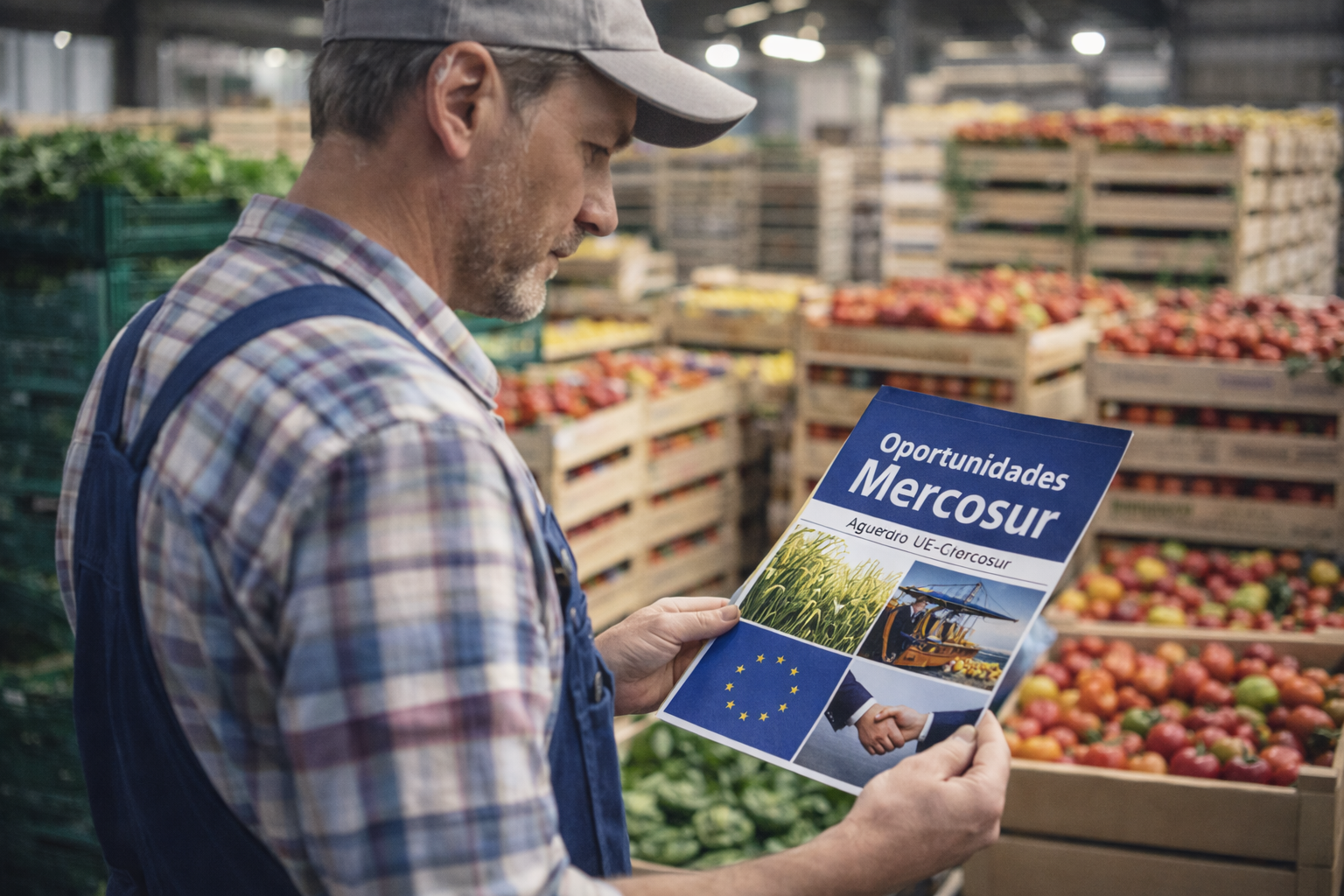 Agricultor europeo en un almacén lleno de producto leyendo un folleto sobre las oportunidades del acuerdo UE-Mercosur