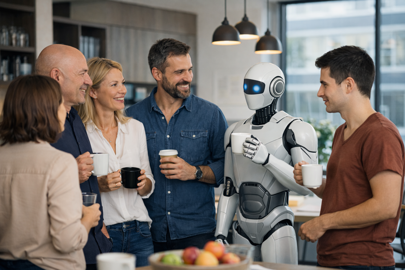 Grupo de empleados charlando en la zona de cocina de una oficina moderna junto a un robot que simboliza la integración de la inteligencia artificial en el trabajo diario