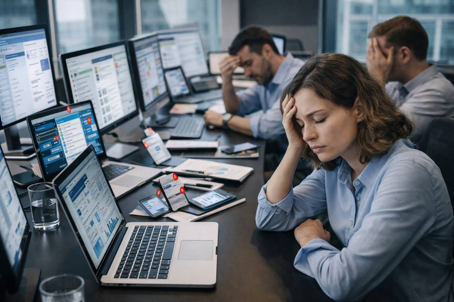 Profesionales trabajando en una oficina moderna rodeados de múltiples pantallas y dispositivos, reflejando el cansancio tecnológico en los equipos