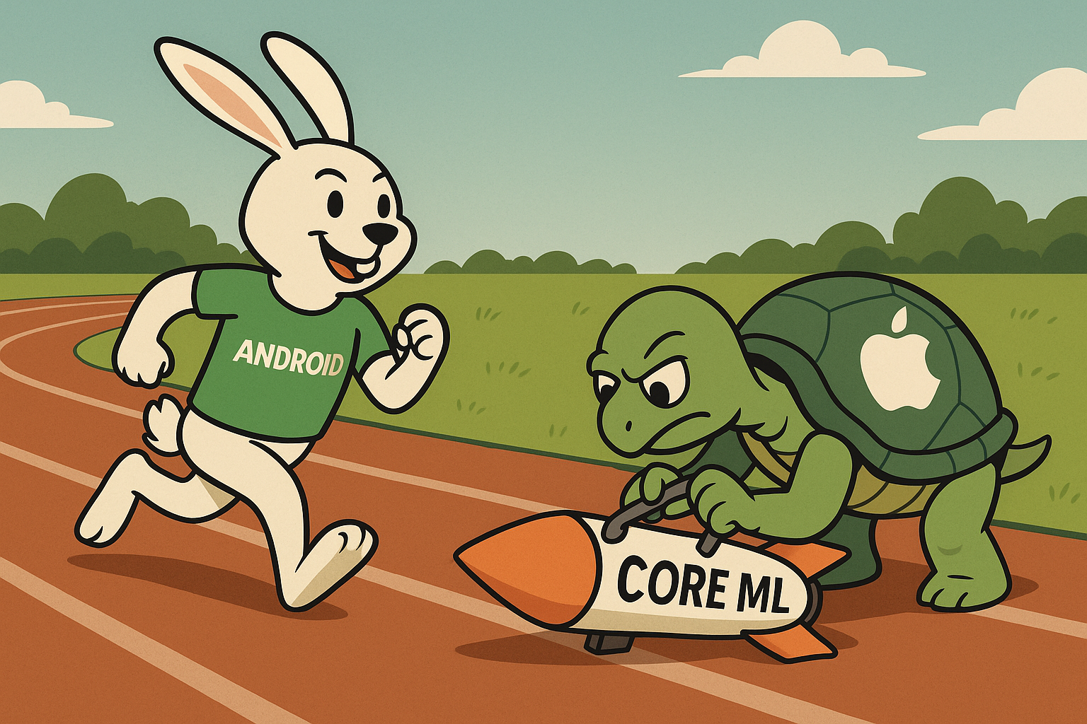 Ilustración editorial en clave satírica donde una liebre blanca con camiseta de Android corre por una pista, mientras una tortuga con caparazón de Apple trabaja concentrada en un cohete marcado como Core ML.