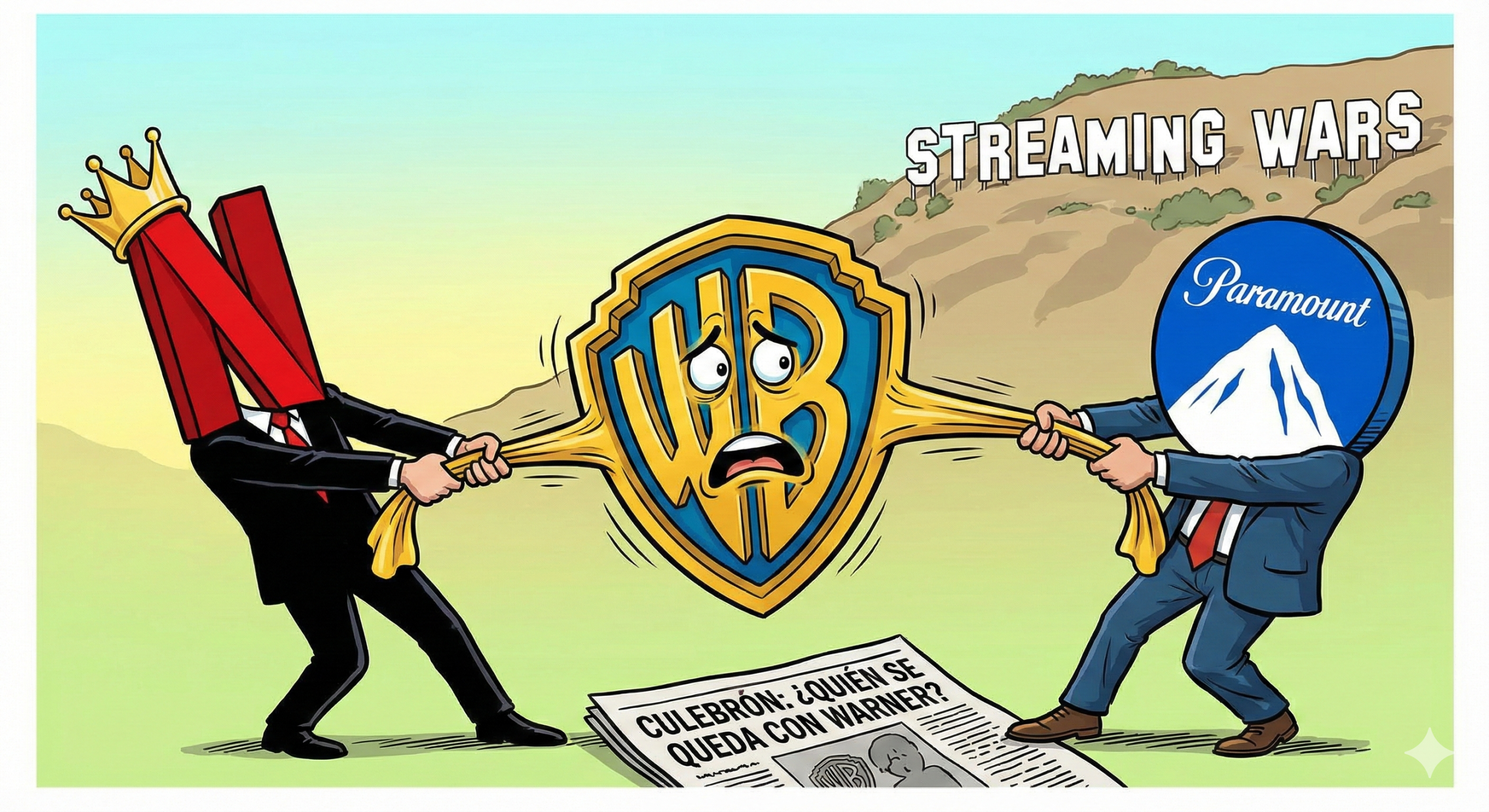 Caricatura editorial que muestra los logotipos humanizados de Netflix y Paramount en un tira y afloja, tirando de los extremos del escudo de Warner Bros, simbolizando la guerra de ofertas por la adquisición de la compañía.