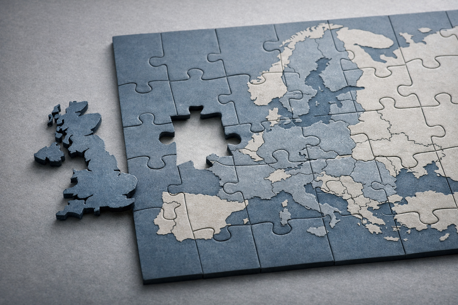 Ilustración conceptual del Reino Unido como una pieza de puzzle que no encaja en el mapa económico de Europa tras el Brexit