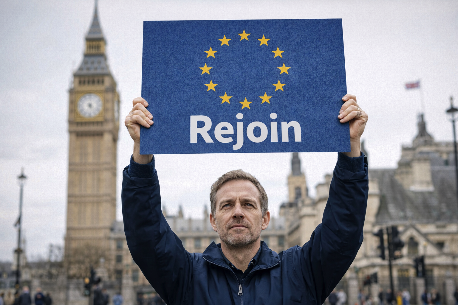 Ciudadano británico en Londres sostiene una pancarta con la bandera de la Unión Europea y el mensaje Rejoin, simbolizando el retorno del debate europeo tras el Brexit