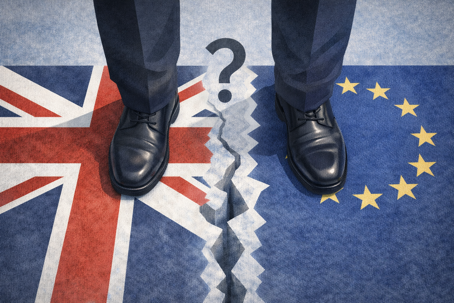 Pies de una persona sobre las banderas del Reino Unido y la Unión Europea simbolizando la duda sobre el movimiento Rejoin
