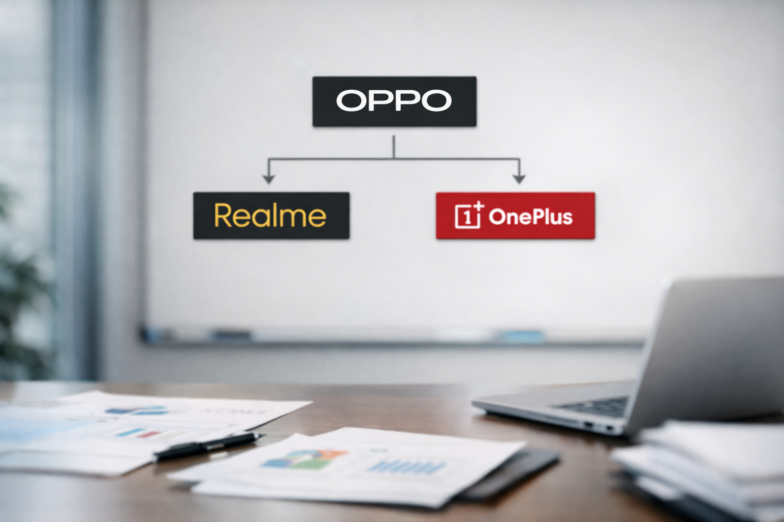 Organigrama visual que muestra a OPPO como marca matriz y a Realme y OnePlus integradas como submarcas en una estrategia empresarial común.