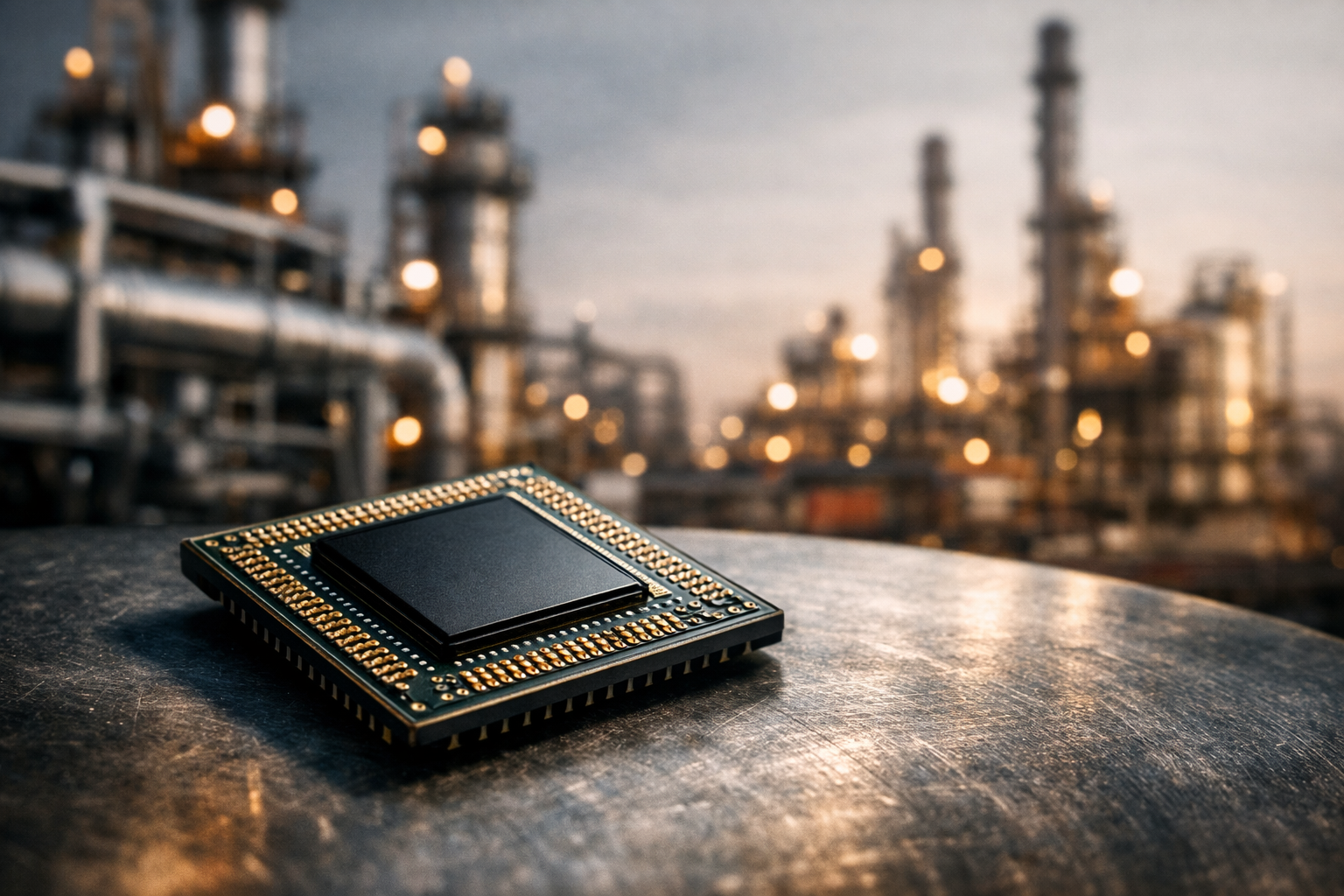 Un microchip sobre una superficie industrial con una refinería de petróleo al fondo, simbolizando el papel estratégico de los semiconductores en la economía global.