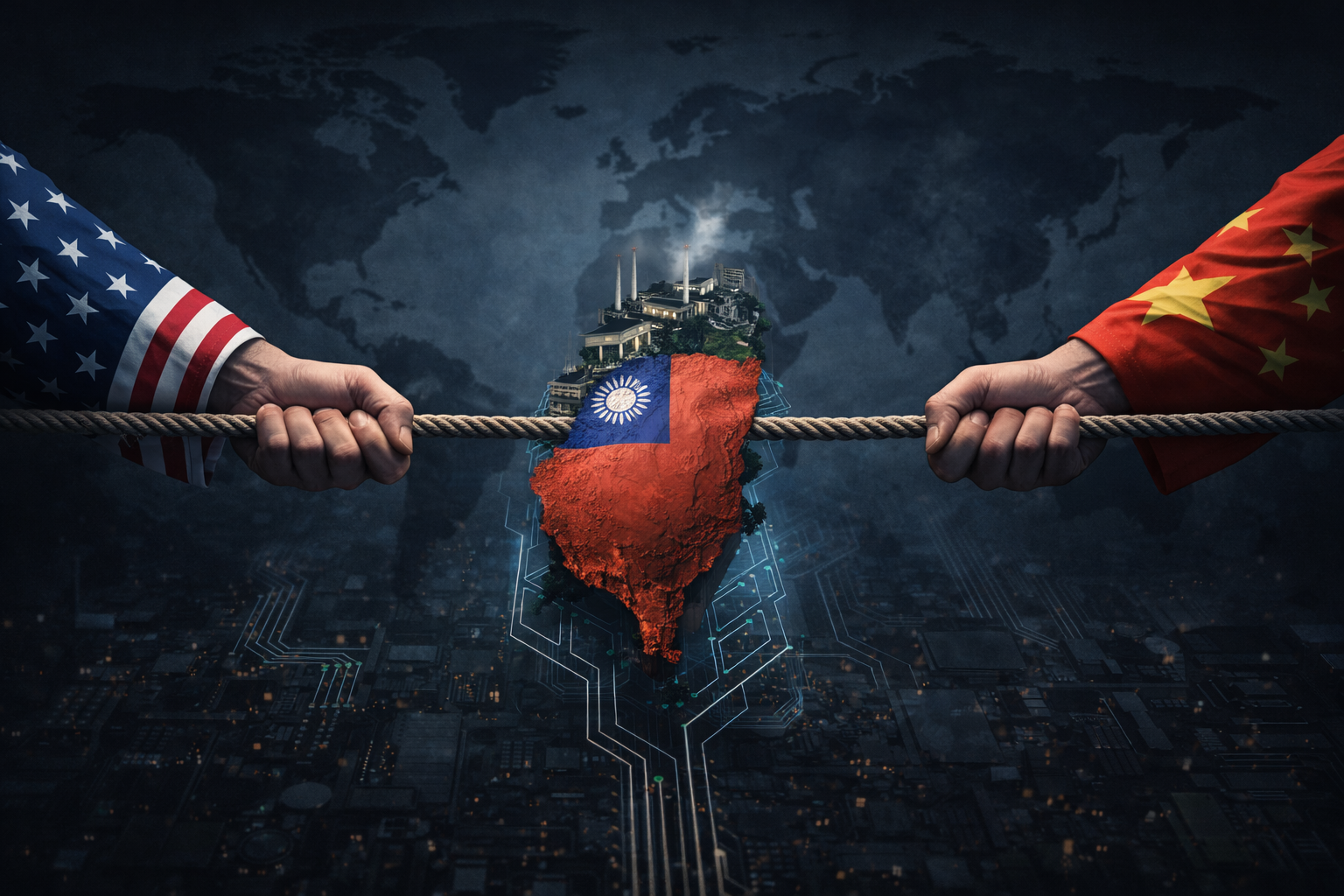 Estados Unidos y China tiran de una cuerda con Taiwán en el centro, simbolizando la disputa geopolítica por el control de los microchips.