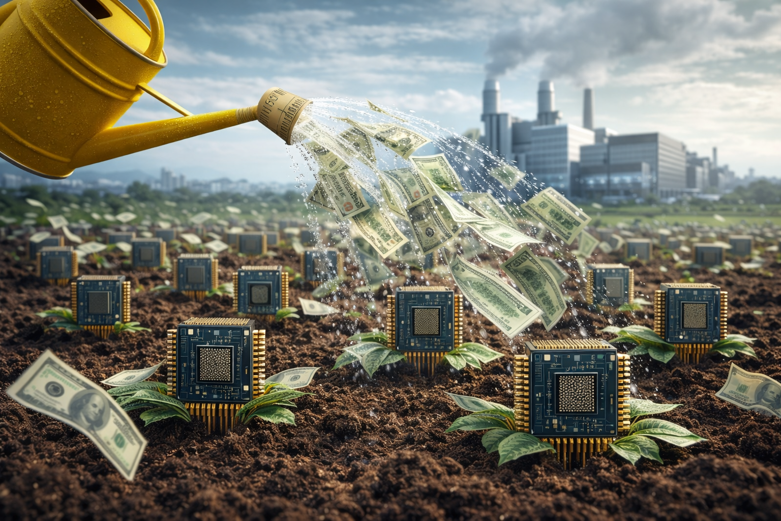 Microchips plantados como si fueran un jardín y regados con dinero, simbolizando los subsidios públicos a la industria de semiconductores.