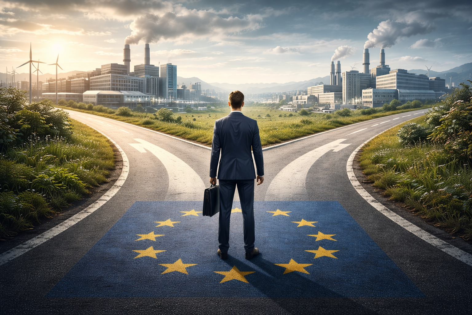 Europa representada en un cruce de caminos industriales, simbolizando la decisión estratégica sobre la soberanía en la industria de los microchips.