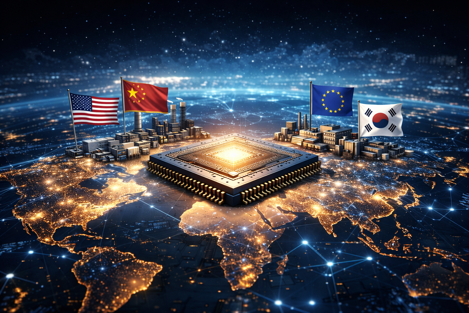 Un microchip situado sobre un mapa del mundo, rodeado por Estados Unidos, China, la Unión Europea y Corea del Sur, simbolizando la disputa geopolítica por los semiconductores.