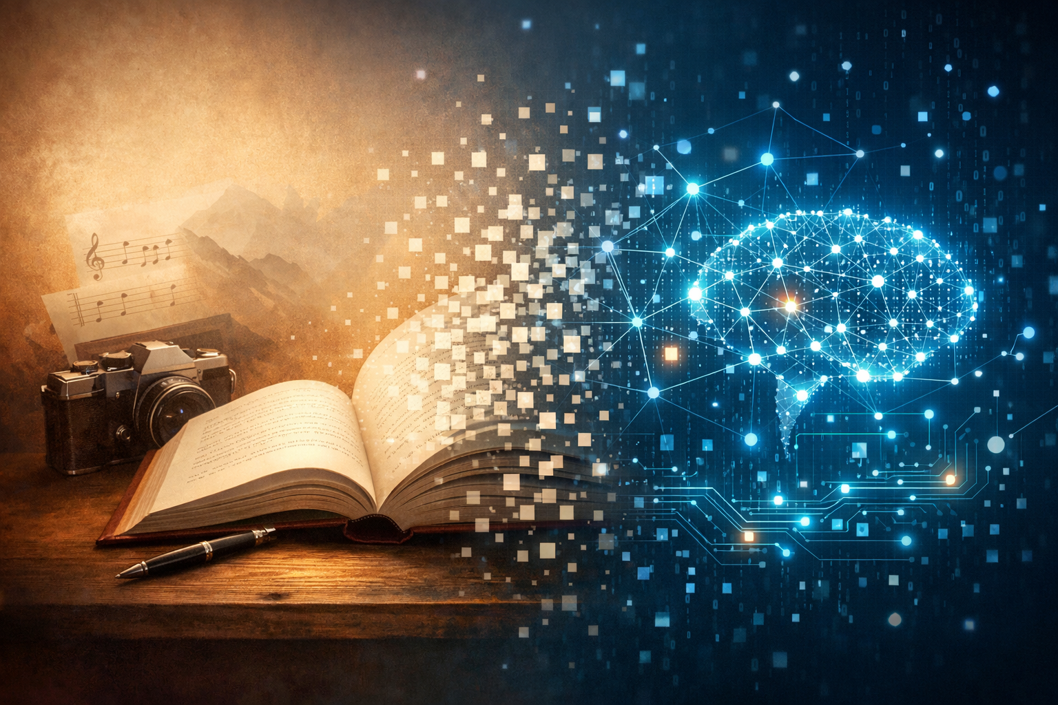 Libro y herramientas creativas transformándose en datos digitales y una red de inteligencia artificial, simbolizando el cambio en la propiedad intelectual.