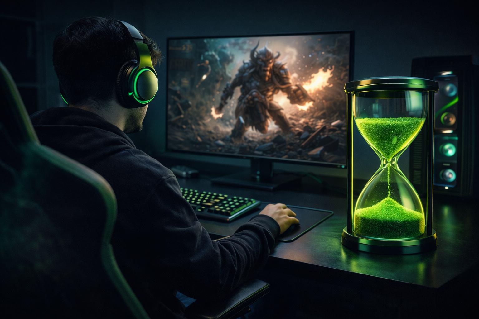 Jugador utilizando un servicio de cloud gaming en casa junto a un reloj de arena que simboliza el límite de uso mensual
