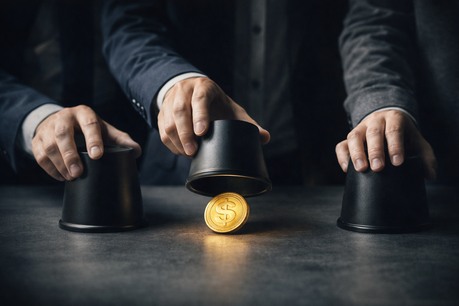 Manos realizando un juego de trileros con vasos y una moneda, como metáfora de las subidas de precio encubiertas en servicios digitales