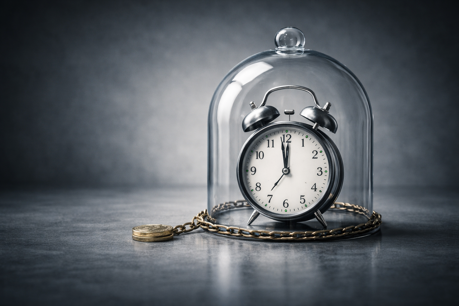Reloj despertador cubierto por una cúpula de cristal y encadenado a una moneda, como metáfora del control del uso en las suscripciones digitales
