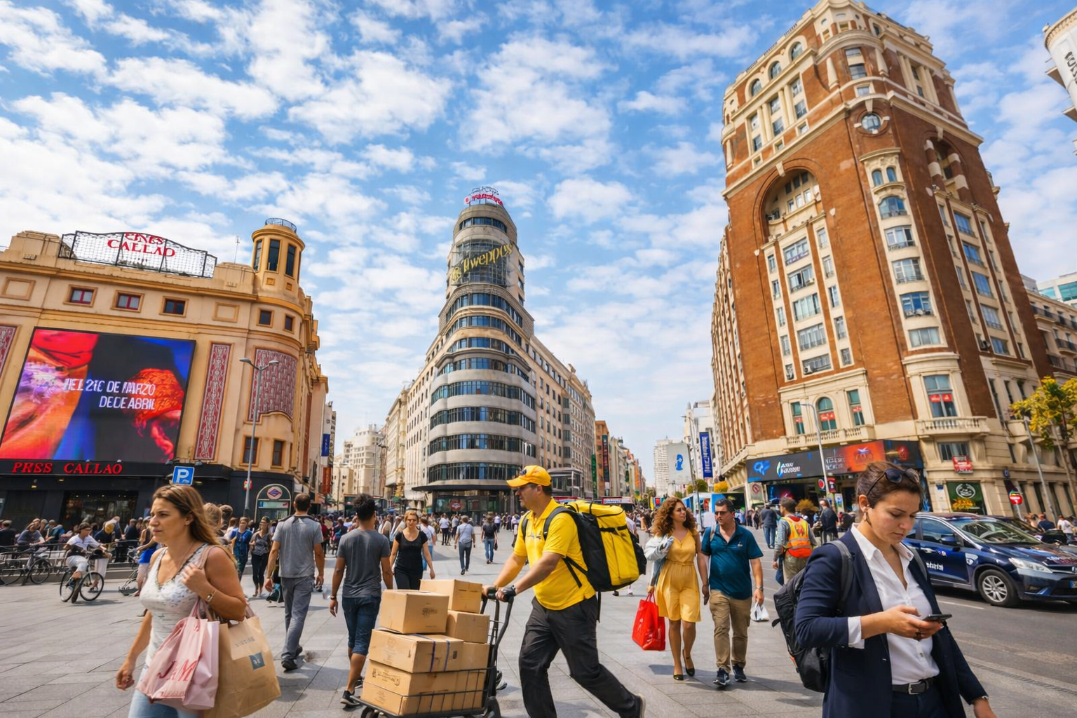 Personas de distintos orígenes trabajando, comprando y desplazándose en la Gran Vía de Madrid en un día soleado