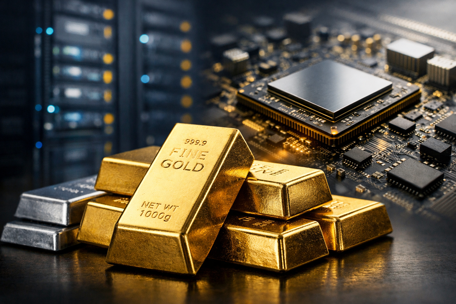 Lingotes de oro frente a un chip y servidores que simbolizan el refugio financiero y la carrera tecnológica