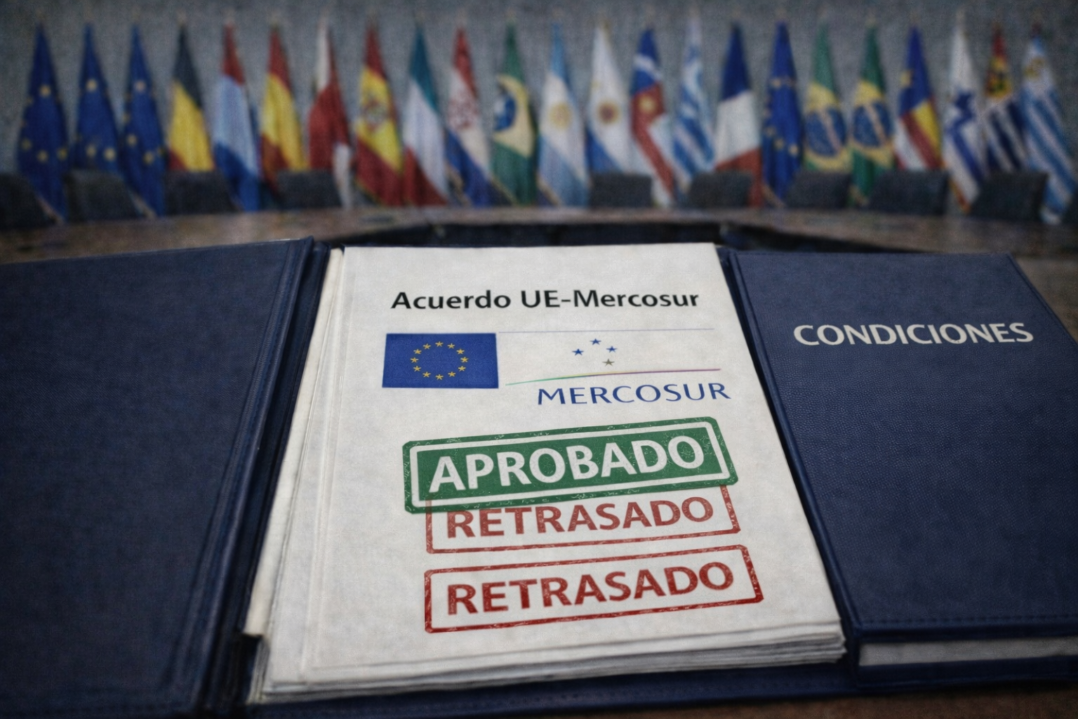 Documento del acuerdo UE-Mercosur con sellos de “retrasado” y un sello verde de “aprobado”, junto a una carpeta de condiciones.