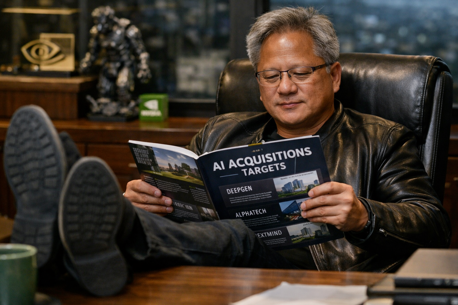El CEO de Nvidia, sentado en su despacho con los pies sobre la mesa, observa un catálogo de empresas de inteligencia artificial como posible objetivo de compra.